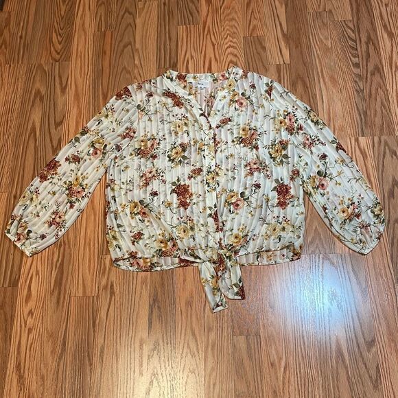 Gorgeous Floral Sheer Blouse, front tie - Picture 2 of 8